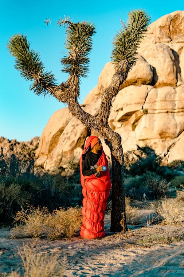 Vance Uribe in a Klymit sleeping bag being a total G